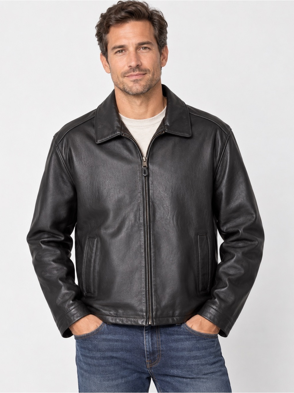 Dockers Black Leather Zip Bomber Jacket 100% Lamb Leather Coat Size XL